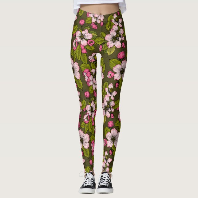 Apple blossom on dark green leggings (Front)