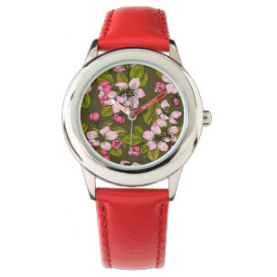 Apple blossom on dark green watch