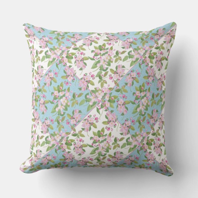 Apple Blossom on Sky Blue and White Faux Patchwork Throw Pillow (Front)
