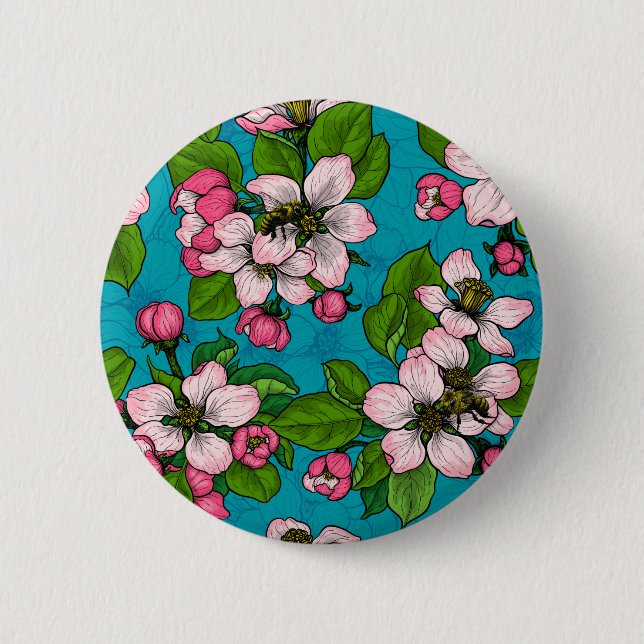 Apple blossom on turquoise 2 inch round button (Front)