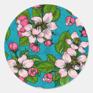 Apple blossom on turquoise classic round sticker
