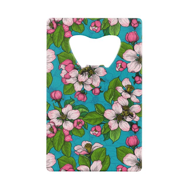 Apple blossom on turquoise credit card bottle opener (Front)