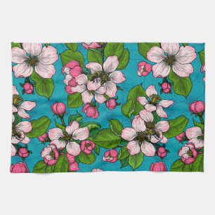 Apple blossom on turquoise kitchen towel