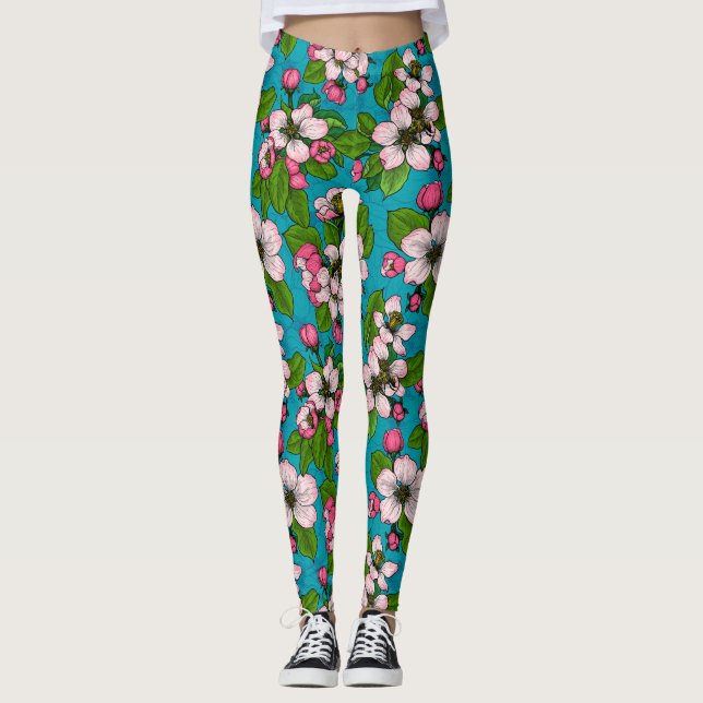 Apple blossom on turquoise leggings (Front)