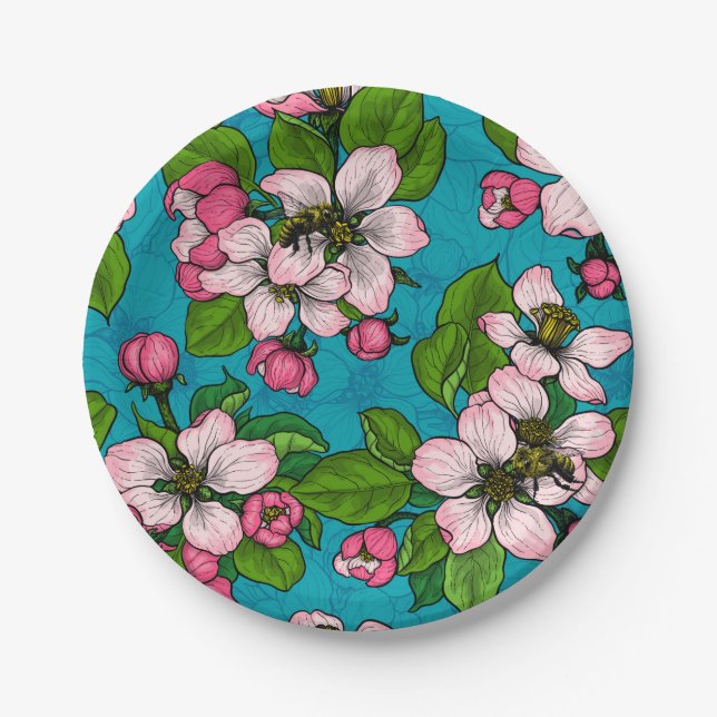 Apple blossom on turquoise paper plate (Front)