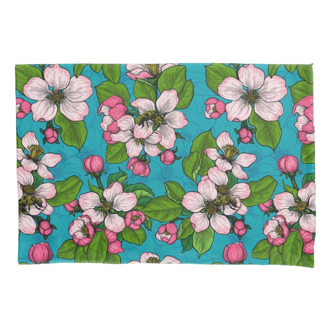 Apple blossom on turquoise pillowcase (Front)