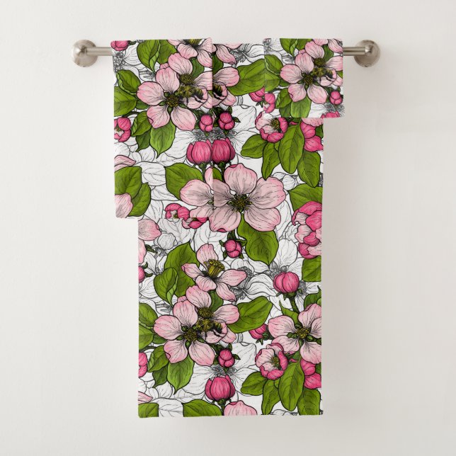 Apple blossom on white bath towel set (Insitu)