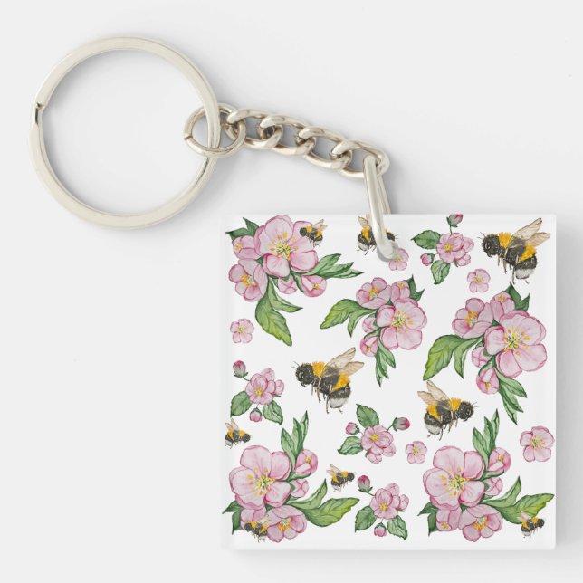 Apple blossom tree and bees watercolor pattern keychain (Front)