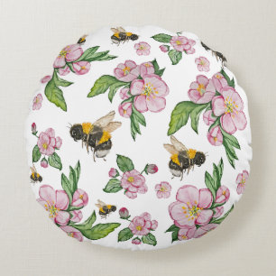 Apple blossom tree and bees watercolor pattern round pillow