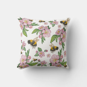 Apple blossom tree and bees watercolor pattern throw pillow