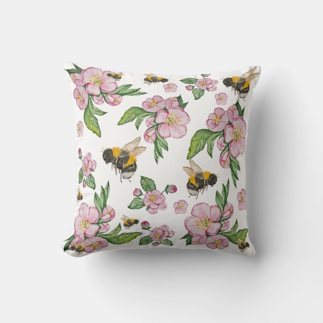 Apple blossom tree and bees watercolor pattern throw pillow (Front)