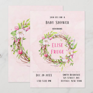 Apple Blossom Tree Wreath Girl Baby Shower Invitation