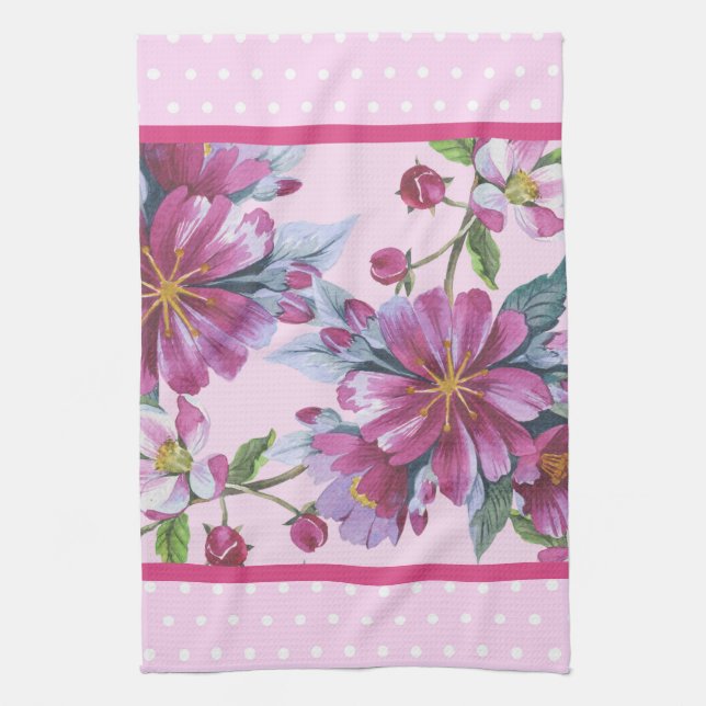 Apple Blossoms and Pink Polka Dots Kitchen Towel (Vertical)