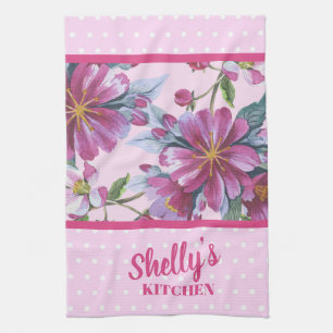 Apple Blossoms and Pink Polka Dots Kitchen Towel
