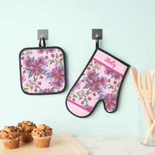 Apple Blossoms and Pink Polka Dots  Oven Mitt & Pot Holder Set