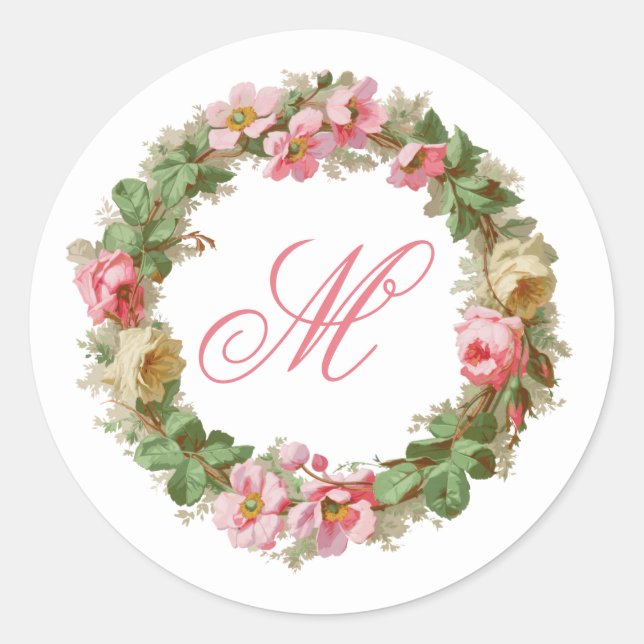 Apple Blossoms and Roses Wreath w/Monogram Classic Round Sticker (Front)