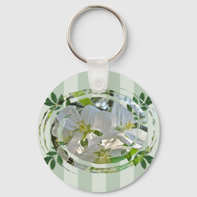 Apple Blossoms Green Stripes Keychain (Front)
