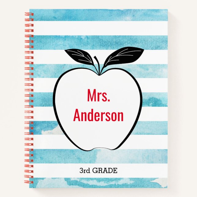 Apple Blue Watercolor Stripes Teacher Notebook (Front)