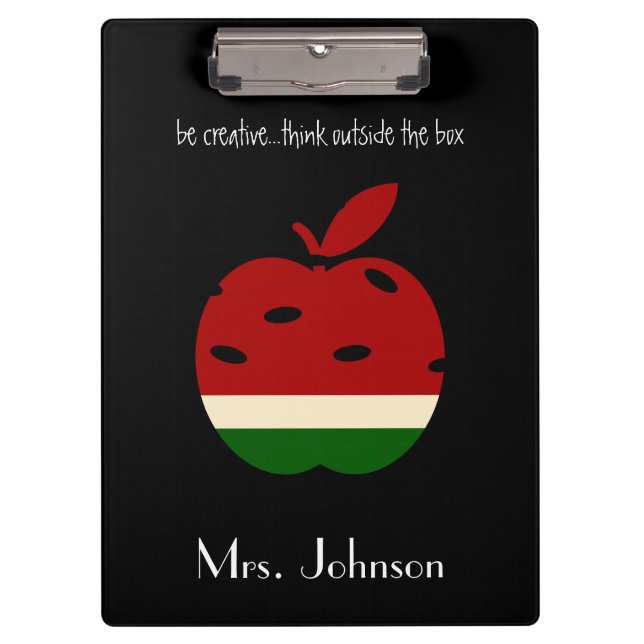 Apple Clipboard for Teacher w Name (B&W,Red) (Front)