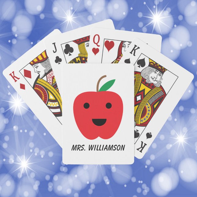 Apple Cute Red Kawaii Personalize Playing Cards (Playing cards with a cute kawaii red apple and text that can be customized!)