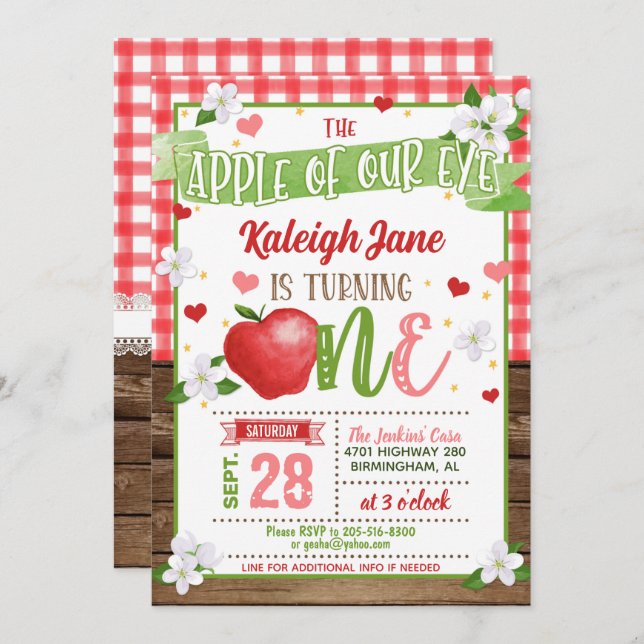 Apple First Birthday Invitation - Apple of Our Eye (Front/Back)