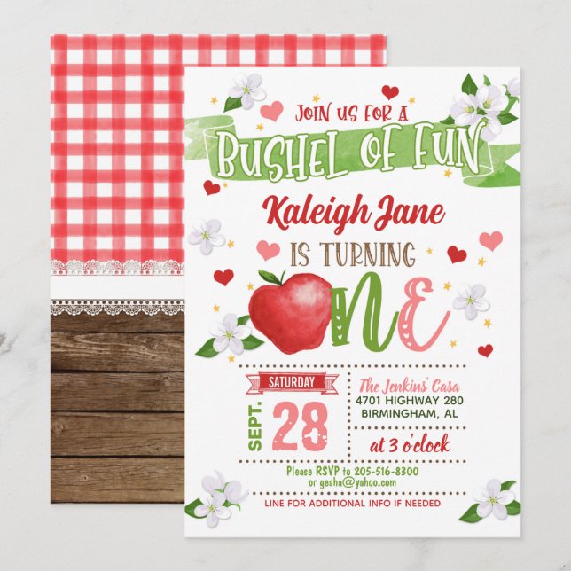 Apple First Birthday Invitation - Bushel of Fun (Front/Back)