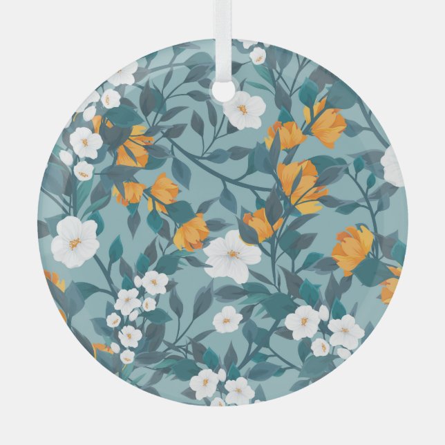 Apple Floral: Blooming Pattern Motif. Glass Ornament (Front)