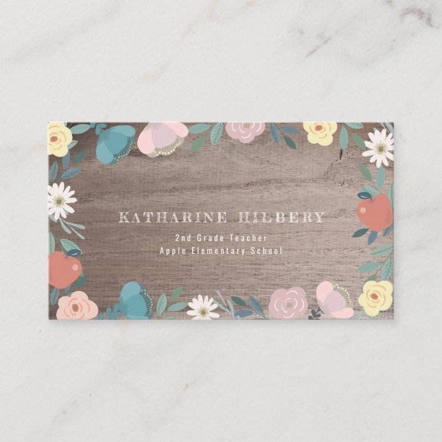 Apple Floral Garden Rustic Wood Teacher Business Card (Front)