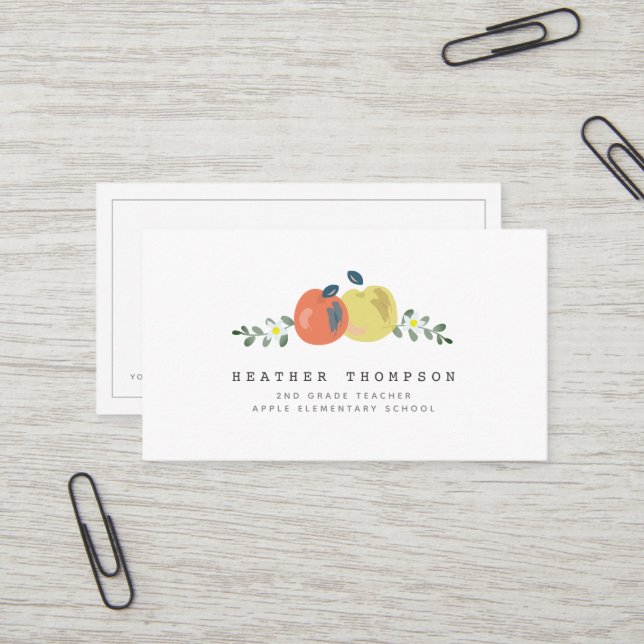 Apple Floral White Simple Teacher Business Card (Front/Back In Situ)
