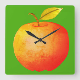 Apple Fruit Red Vibrant Cartoon Artistic Stylish Square Wall Clock