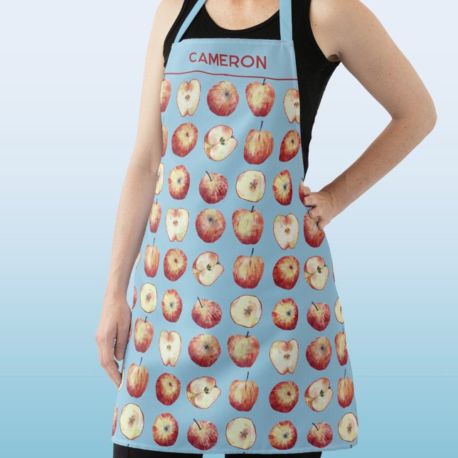 Apple Fruit Watercolor Personalized Custom Name Apron (Personalized custom name watercolor apple pattern apron for cooks, gardeners and foodies)