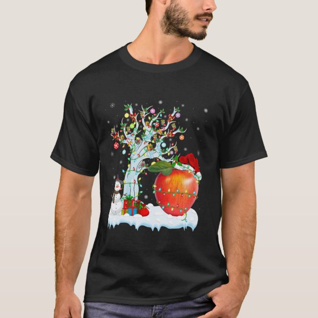 Apple Fruit Xmas Lighting Tree Santa Hat Apple Chr T-Shirt (Front)