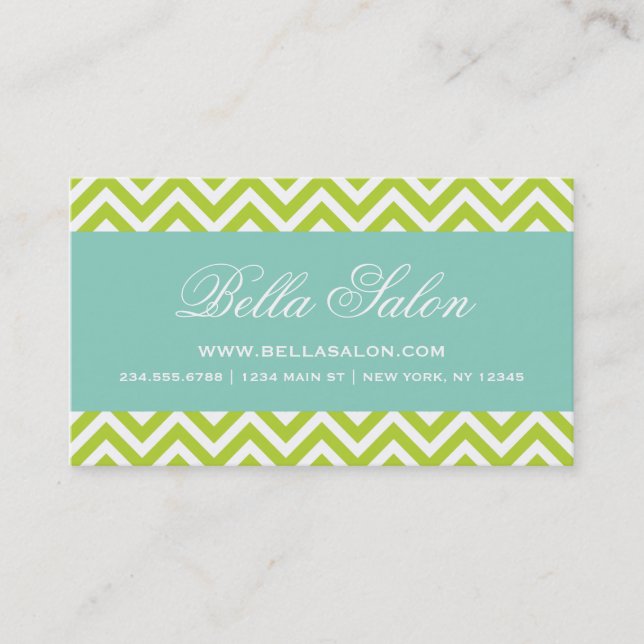 Apple Green and Aqua Modern Chevron Stripes Business Card (Front)
