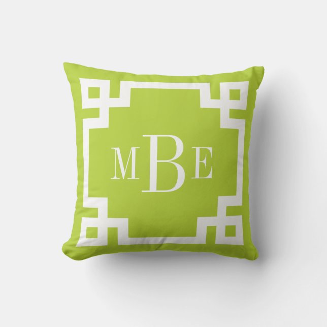 Apple Green and White Greek Key Monogram Throw Pillow (Front)