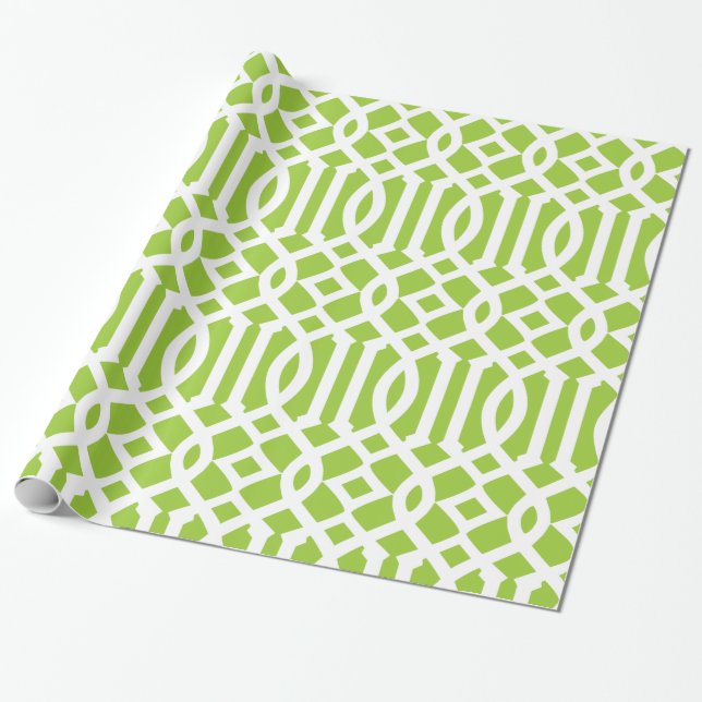 Apple Green and White Trellis Pattern Wrapping Paper (Unrolled)
