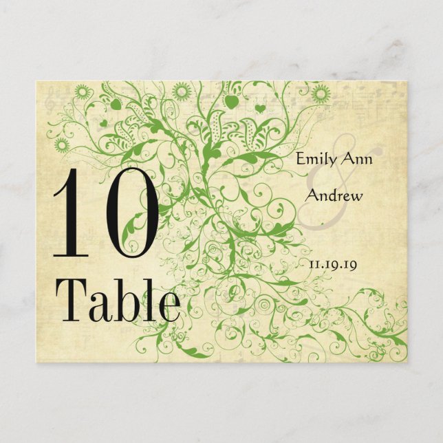 Apple Green & Black Birds Swirl Table Number Postcard (Front)