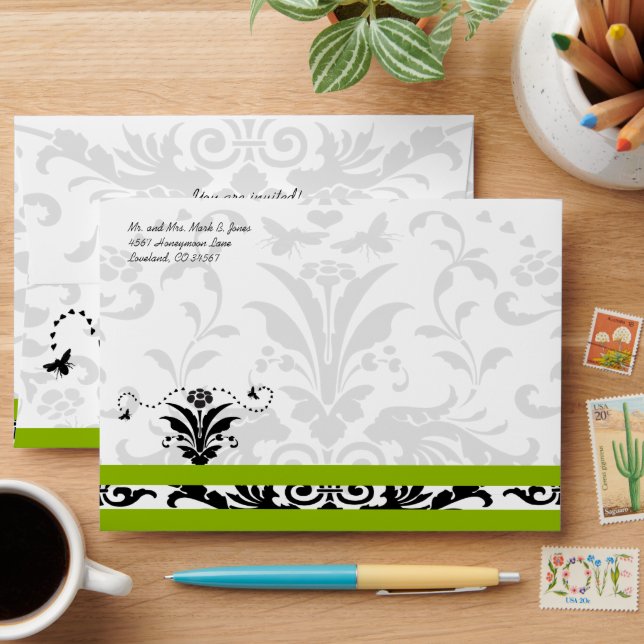 Apple Green Black Bubble Bee Damask Envelopes (Desk)