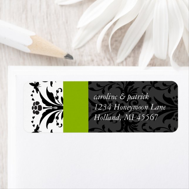 Apple Green & Black Bumble Bee Damask Adresse (En situation)