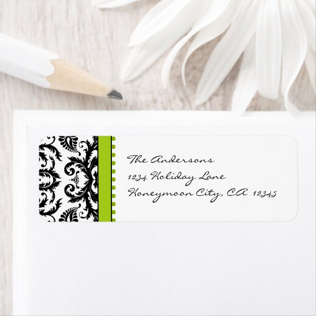 Apple Green & Black Damask Dots Address Labels (Insitu)