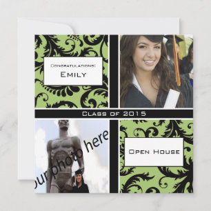 Apple Green & Black Damask  Graduation Invitation