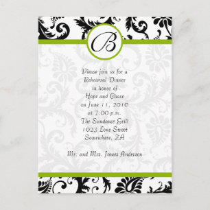 Apple Green & Black Damask Swirls Rehearsal Dinner Invitation Postcard