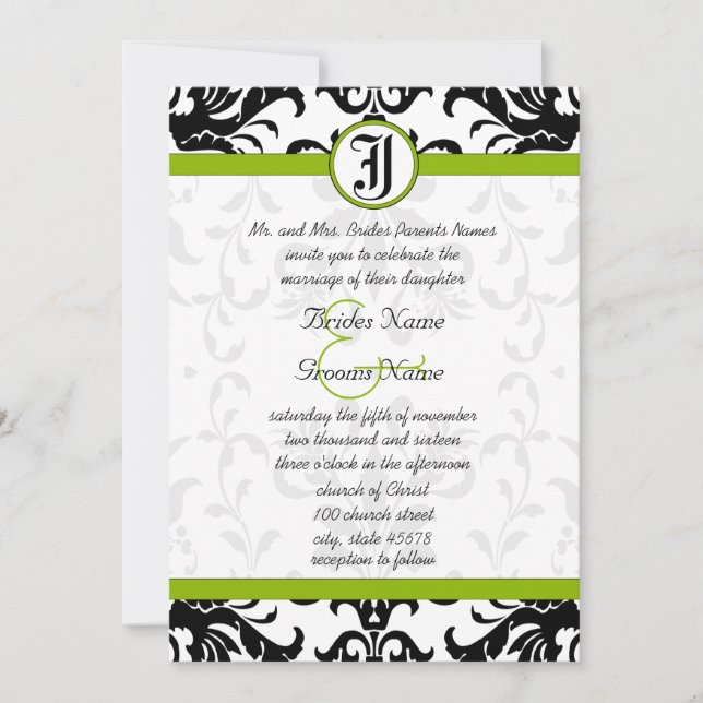 Apple Green & Black Damask Wedding Invitation (Front)