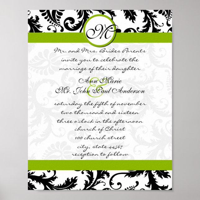 Apple Green Black Damask Wedding Invitation Poster (Front)