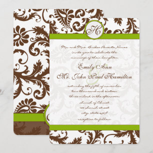 Apple Green & Brown Damask Wedding Invitation