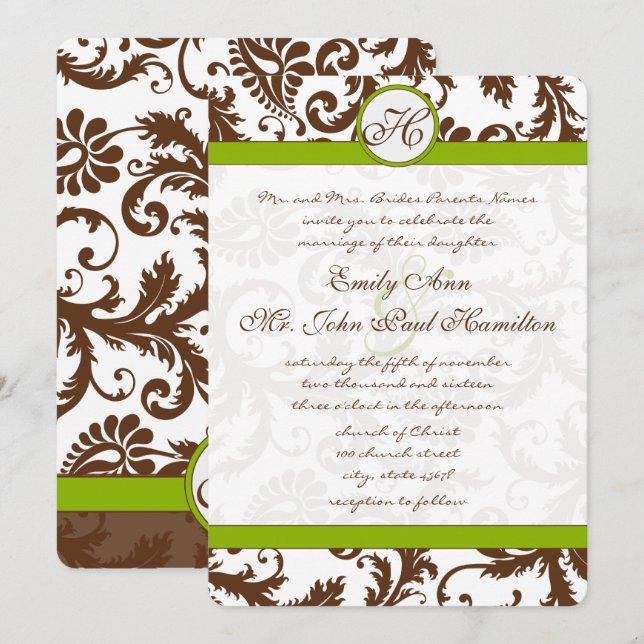 Apple Green & Brown Damask Wedding Invitation (Front/Back)
