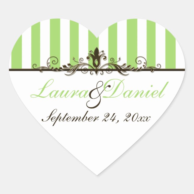 Apple Green, Brown, White Striped Wedding Sticker (Front)