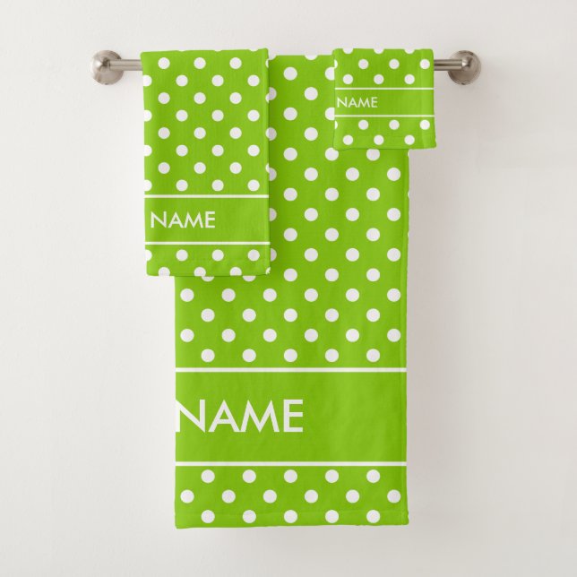 Apple green cute polka dots print personalized bath towel set (Insitu)