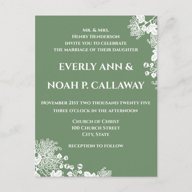 Apple Green Floral Wedding Invitation Postcard (Front)