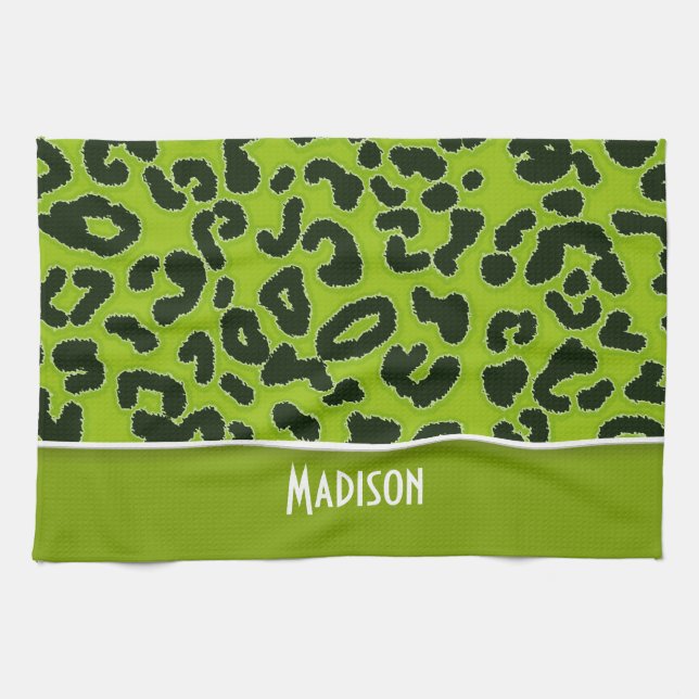 Apple Green Leopard Animal Print; Personalized Kitchen Towel (Horizontal)