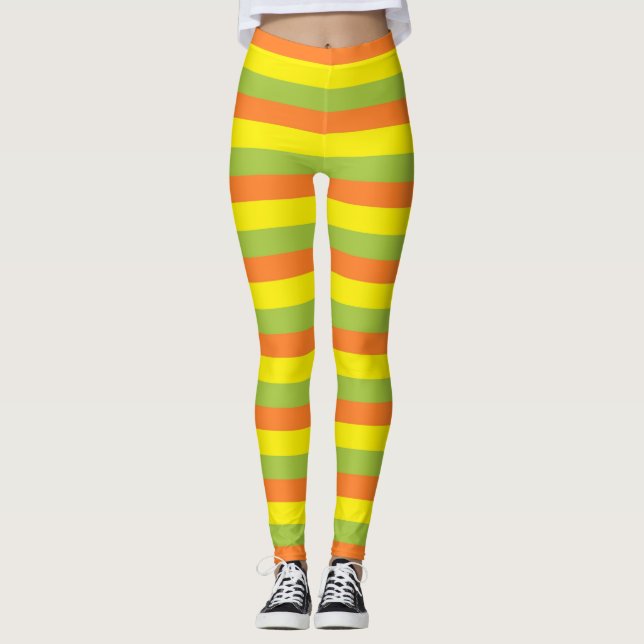 Apple Green, Orange and Yellow Stripes Leggings (Front)